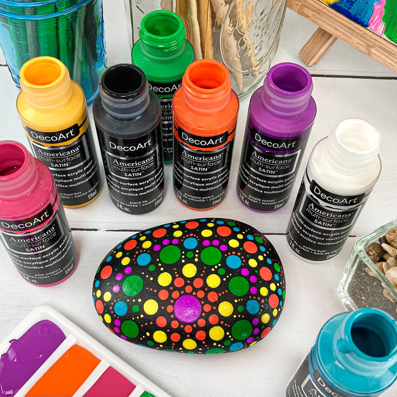 Americana Multi-Surface Satin Rainbow Mandala Paint Set, 8pc Bright Colors for Rocks, Glass & Crafts